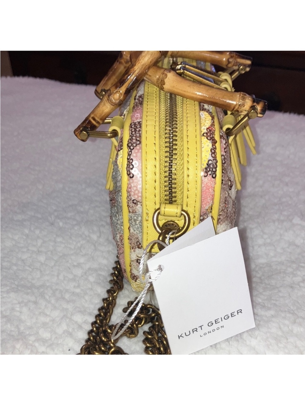 Kurt Geiger London NWT Kensington Duffle Sequin Satchel Bag w/Bamboo Handles - Picture 8 of 10